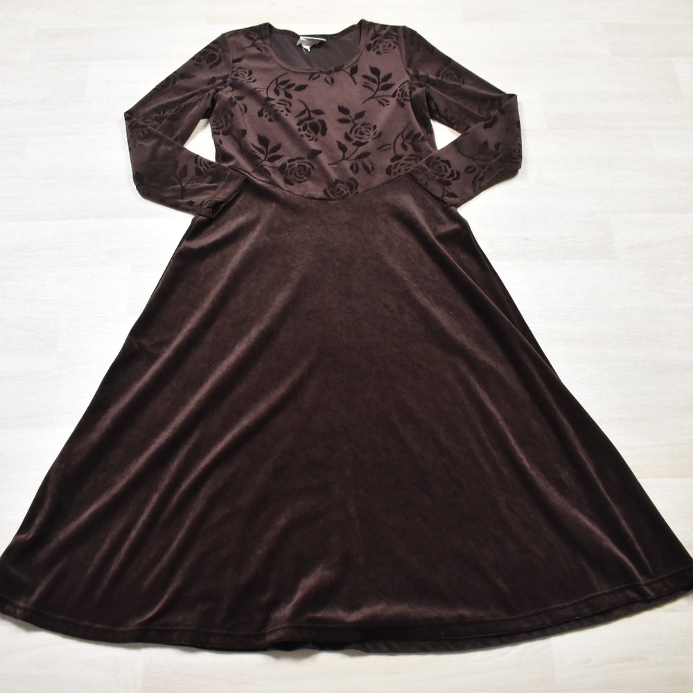 90s Studio Ease Long Midi Dress Brown Velour Floral Boho VTG